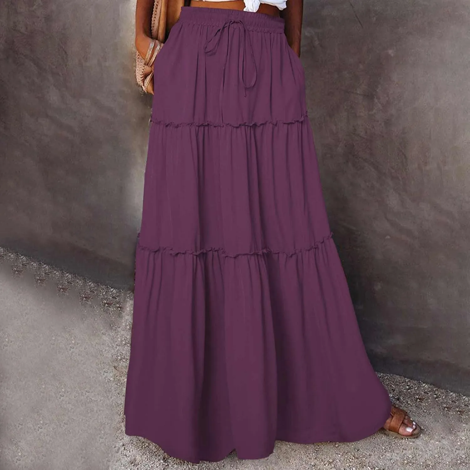 Womens Casual Boho Maxi Skirt Trendy Pleated Ruffle Flowy Skirt Drawstring Elastic High Waisted Summer A-Line Skirts