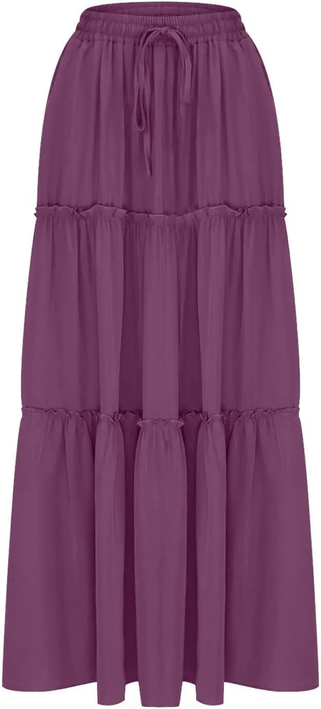 Womens Casual Boho Maxi Skirt Trendy Pleated Ruffle Flowy Skirt Drawstring Elastic High Waisted Summer A-Line Skirts