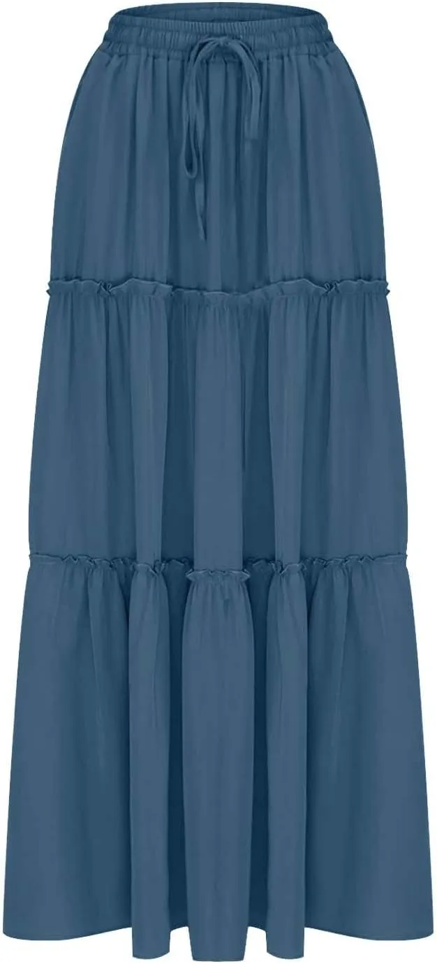 Womens Casual Boho Maxi Skirt Trendy Pleated Ruffle Flowy Skirt Drawstring Elastic High Waisted Summer A-Line Skirts