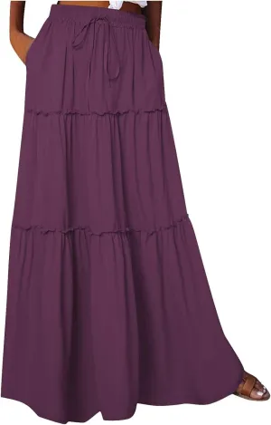 Womens Casual Boho Maxi Skirt Trendy Pleated Ruffle Flowy Skirt Drawstring Elastic High Waisted Summer A-Line Skirts