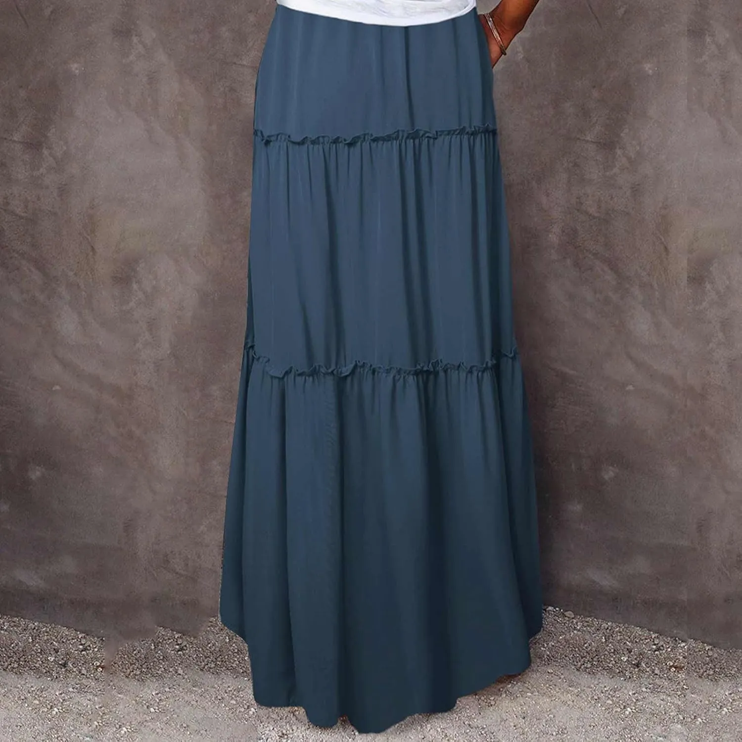 Womens Casual Boho Maxi Skirt Trendy Pleated Ruffle Flowy Skirt Drawstring Elastic High Waisted Summer A-Line Skirts