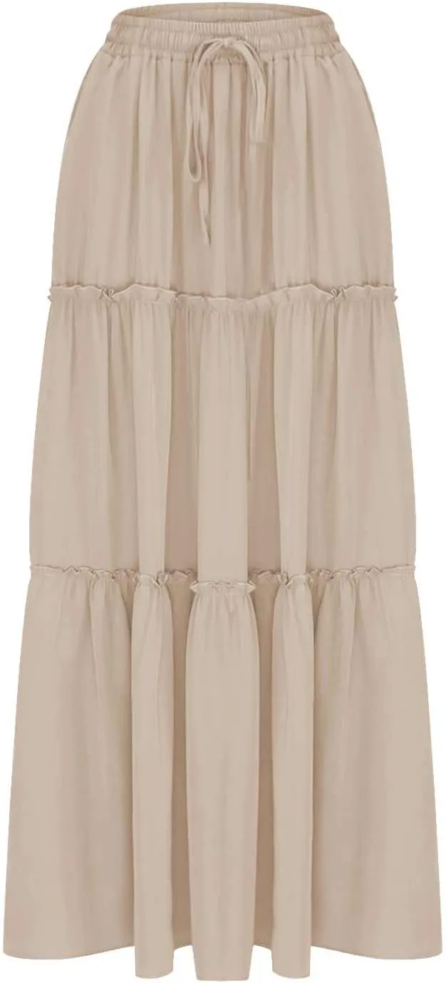 Womens Casual Boho Maxi Skirt Trendy Pleated Ruffle Flowy Skirt Drawstring Elastic High Waisted Summer A-Line Skirts