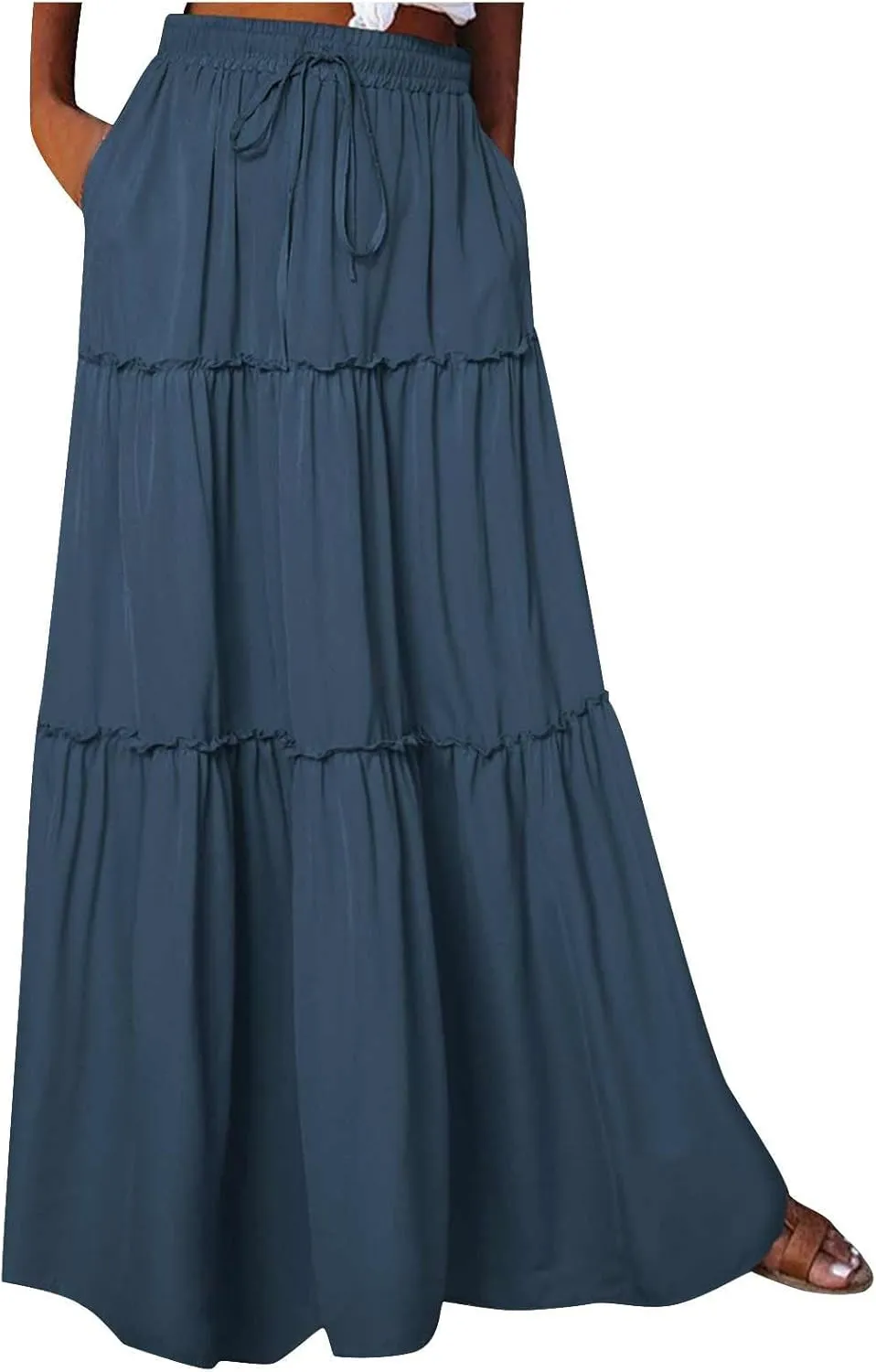 Womens Casual Boho Maxi Skirt Trendy Pleated Ruffle Flowy Skirt Drawstring Elastic High Waisted Summer A-Line Skirts