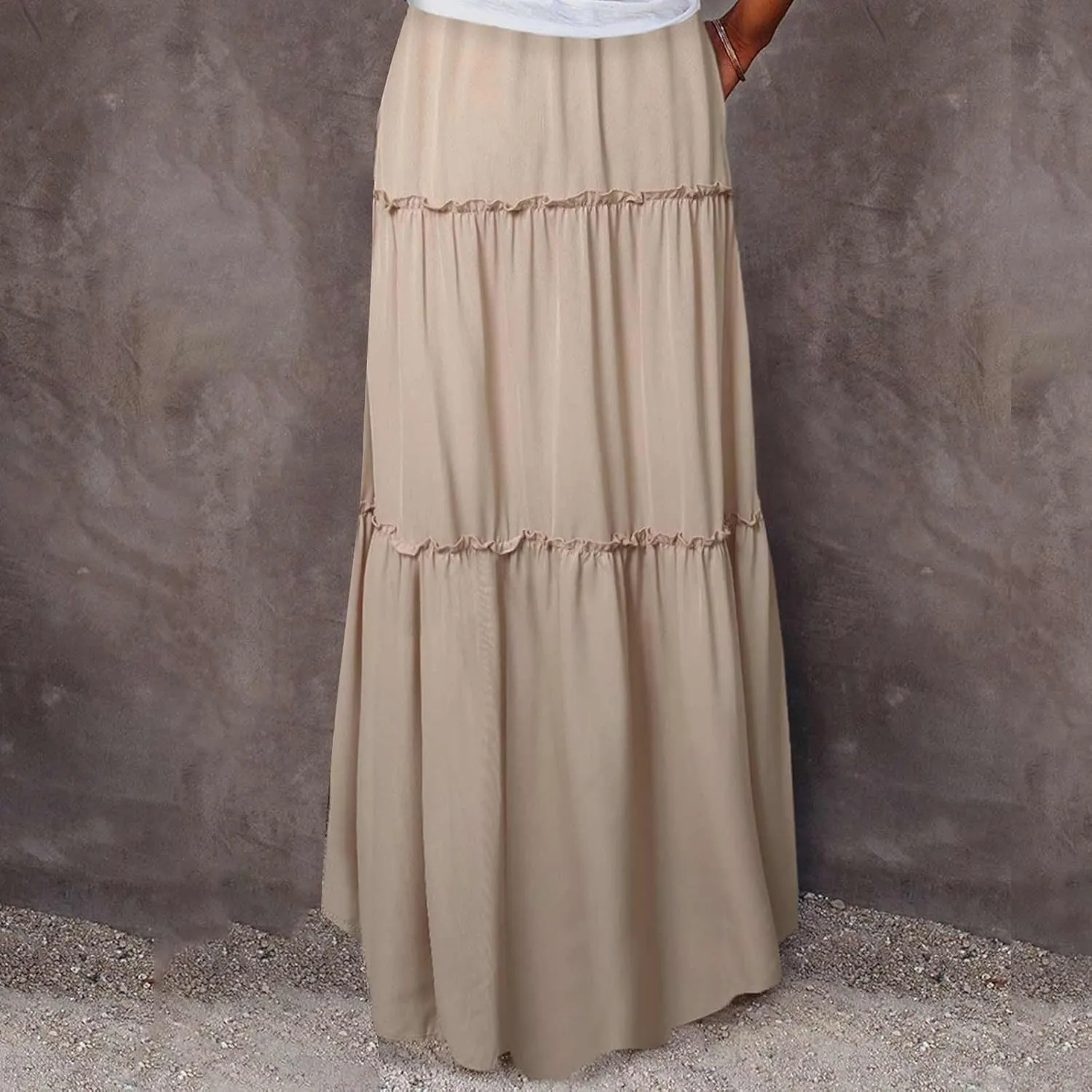Womens Casual Boho Maxi Skirt Trendy Pleated Ruffle Flowy Skirt Drawstring Elastic High Waisted Summer A-Line Skirts