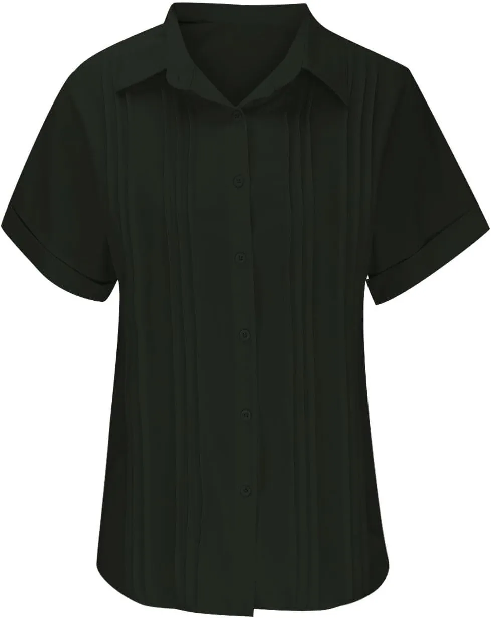 Women's Casual Button Down V Neck Short Sleeve Tops Pleated Blouses Loose Fit Summer Tees 2025 Stylish Fashion Shirt