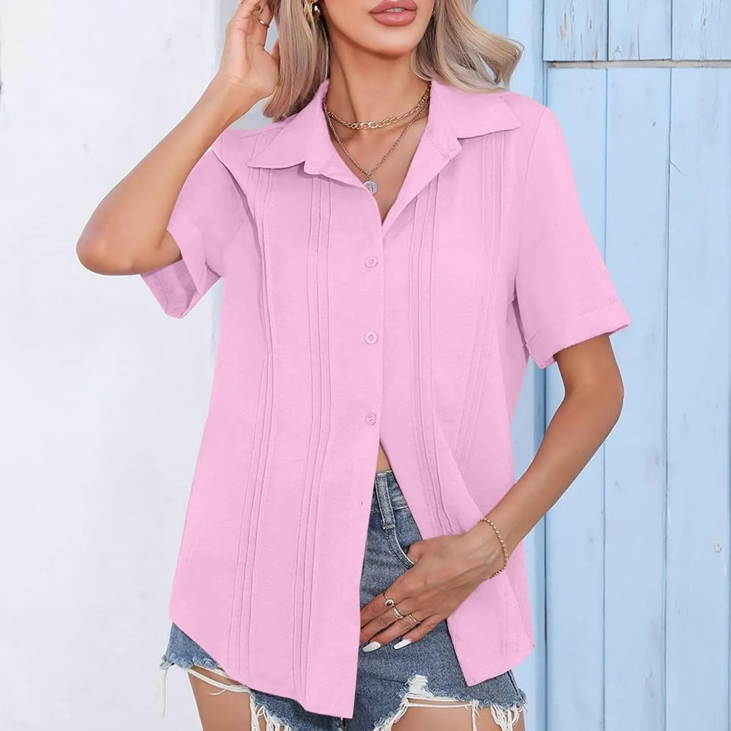 Women's Casual Button Down V Neck Short Sleeve Tops Pleated Blouses Loose Fit Summer Tees 2025 Stylish Fashion Shirt