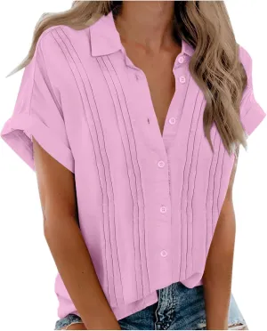 Women's Casual Button Down V Neck Short Sleeve Tops Pleated Blouses Loose Fit Summer Tees 2025 Stylish Fashion Shirt