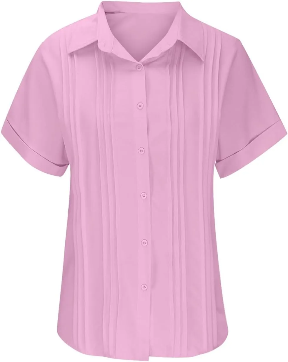 Women's Casual Button Down V Neck Short Sleeve Tops Pleated Blouses Loose Fit Summer Tees 2025 Stylish Fashion Shirt