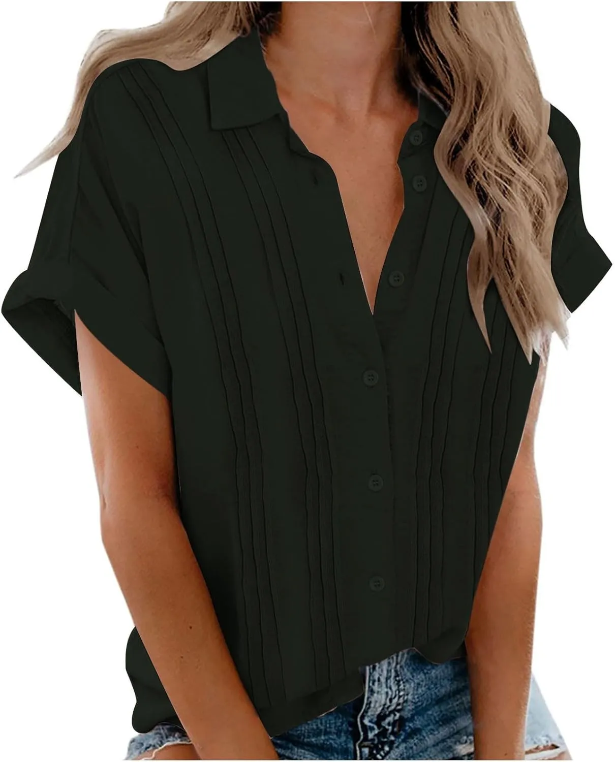 Women's Casual Button Down V Neck Short Sleeve Tops Pleated Blouses Loose Fit Summer Tees 2025 Stylish Fashion Shirt