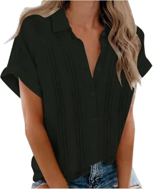 Women's Casual Button Down V Neck Short Sleeve Tops Pleated Blouses Loose Fit Summer Tees 2025 Stylish Fashion Shirt