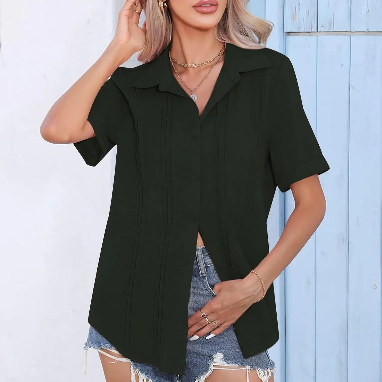 Women's Casual Button Down V Neck Short Sleeve Tops Pleated Blouses Loose Fit Summer Tees 2025 Stylish Fashion Shirt