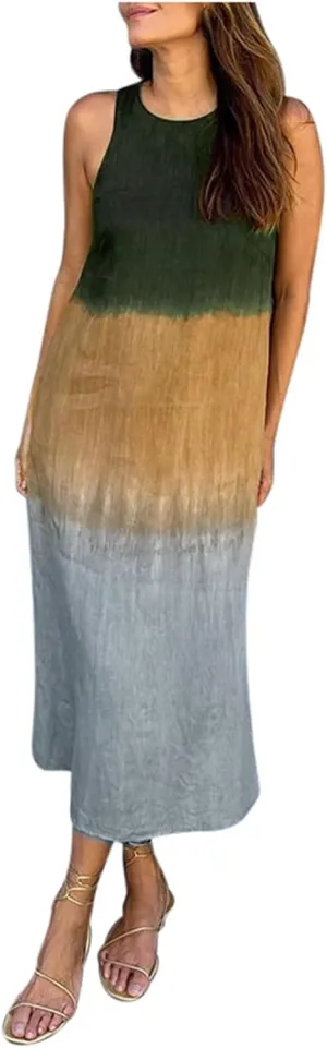 Women's Casual Cotton and Linen Sleeveless Slit Gradient Tie Dye Long Dress Swing Party Dresses for Women