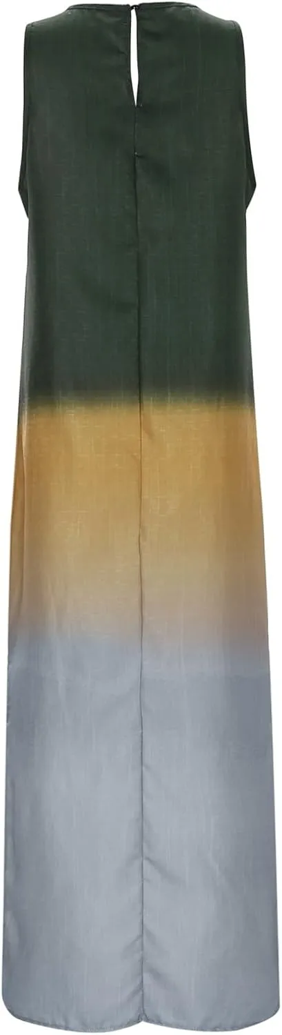 Women's Casual Cotton and Linen Sleeveless Slit Gradient Tie Dye Long Dress Swing Party Dresses for Women
