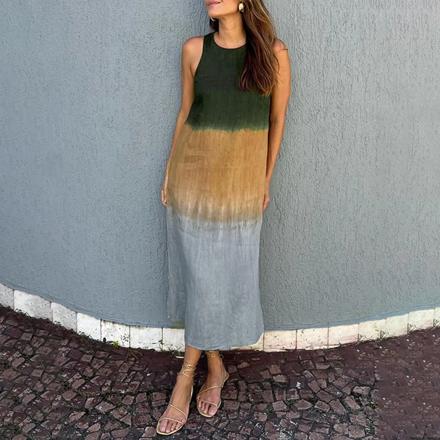Women's Casual Cotton and Linen Sleeveless Slit Gradient Tie Dye Long Dress Swing Party Dresses for Women