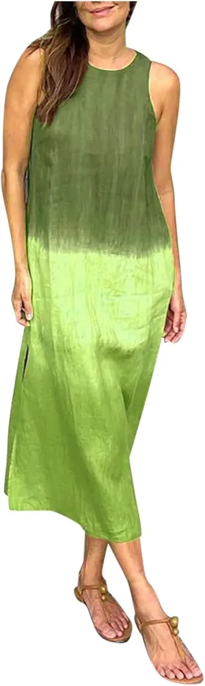 Women's Casual Cotton and Linen Sleeveless Slit Gradient Tie Dye Long Dress Swing Party Dresses for Women