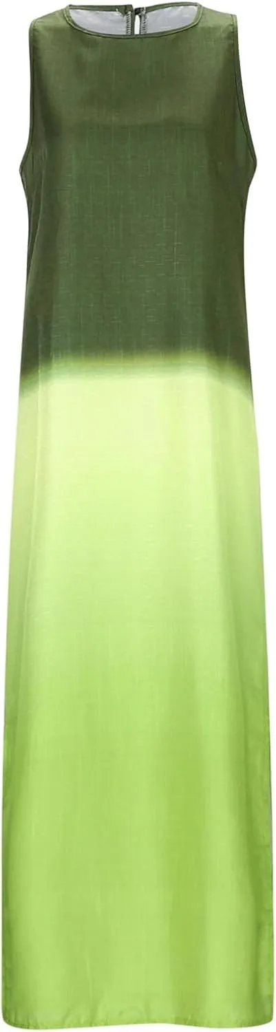 Women's Casual Cotton and Linen Sleeveless Slit Gradient Tie Dye Long Dress Swing Party Dresses for Women