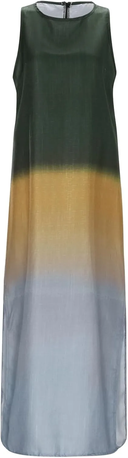 Women's Casual Cotton and Linen Sleeveless Slit Gradient Tie Dye Long Dress Swing Party Dresses for Women