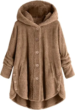 Womens Casual Fleece Jackets Oversized Button Down Winter Hooded Coats Long Sleeve Cardigan Sweater With Pockets