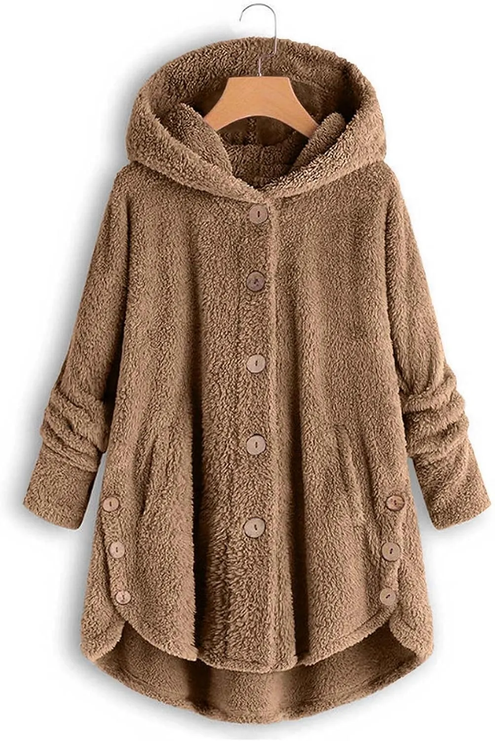 Womens Casual Fleece Jackets Oversized Button Down Winter Hooded Coats Long Sleeve Cardigan Sweater With Pockets