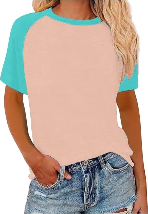 Womens Color Block Short Sleeve T Shirts 2025 Summer Raglan Crew Neck Trendy Tops Plus Size Casual Tunic Cute Blouse