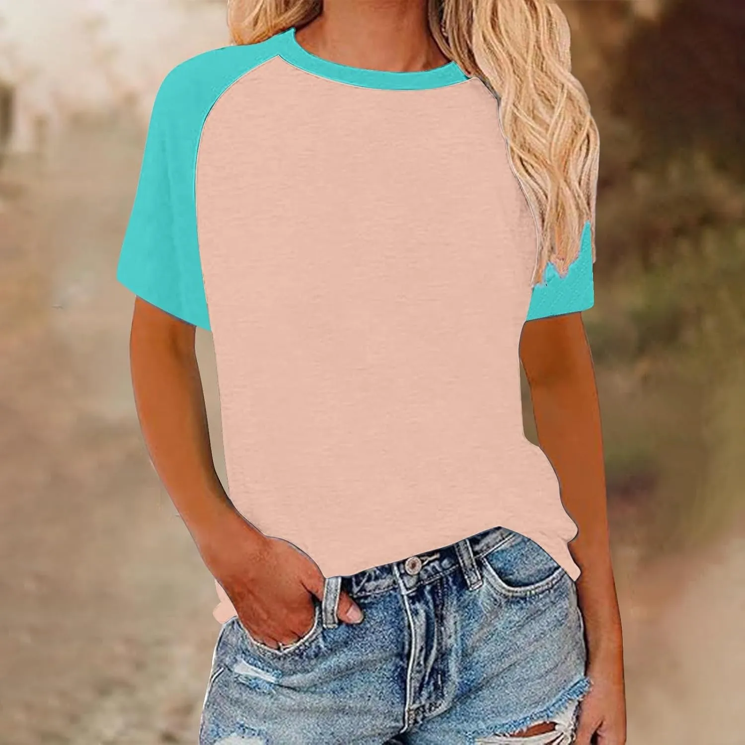 Womens Color Block Short Sleeve T Shirts 2025 Summer Raglan Crew Neck Trendy Tops Plus Size Casual Tunic Cute Blouse