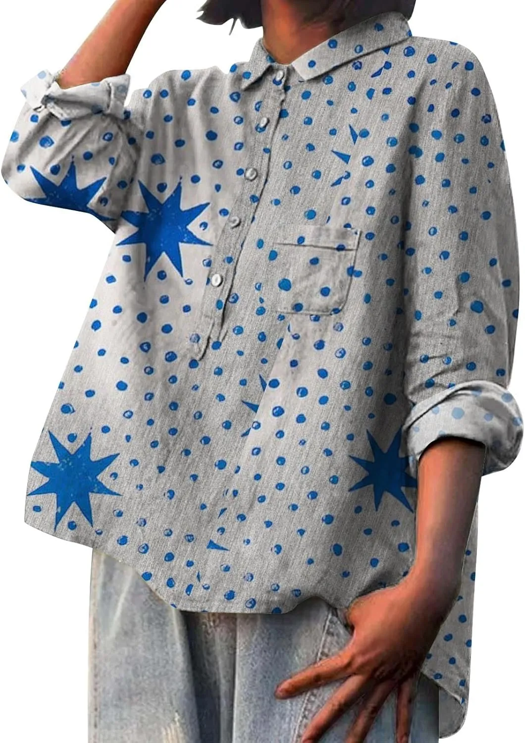 Womens Cotton Button Down Shirts Long Sleeve Collared Tops Work Office Blouse Shirt Summer Tops Casual Tunic Blouse