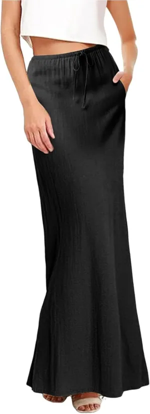 Womens Cotton Linen Maxi Skirt Trendy Boho Spring Summmer A Line Skirts Drawstring Waist Long Flowy Skirts