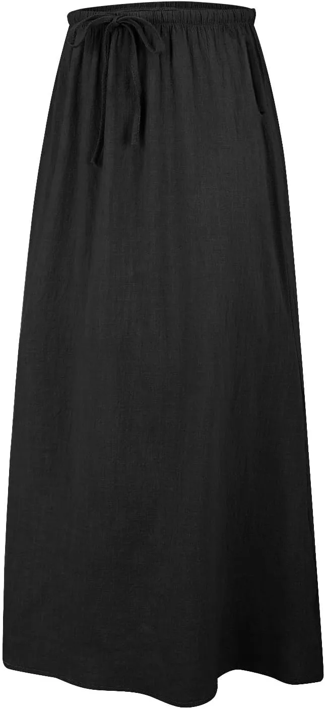 Womens Cotton Linen Maxi Skirt Trendy Boho Spring Summmer A Line Skirts Drawstring Waist Long Flowy Skirts