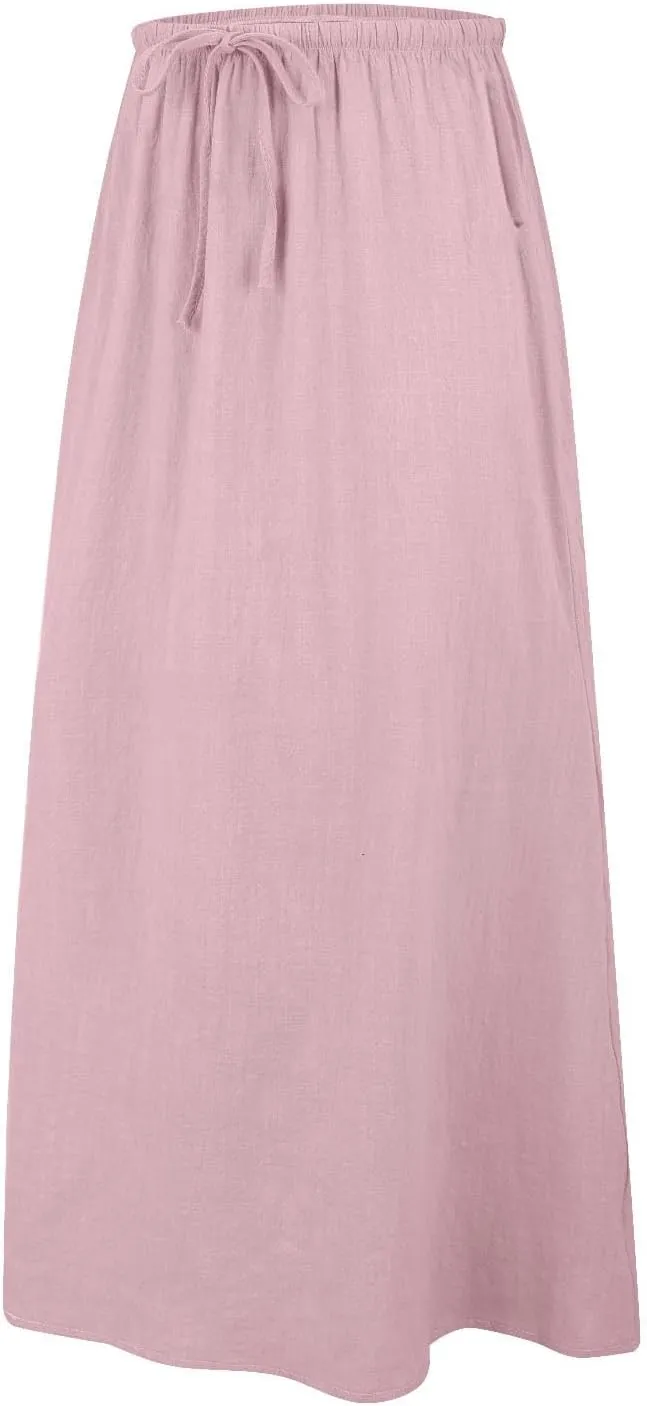 Womens Cotton Linen Maxi Skirt Trendy Boho Spring Summmer A Line Skirts Drawstring Waist Long Flowy Skirts