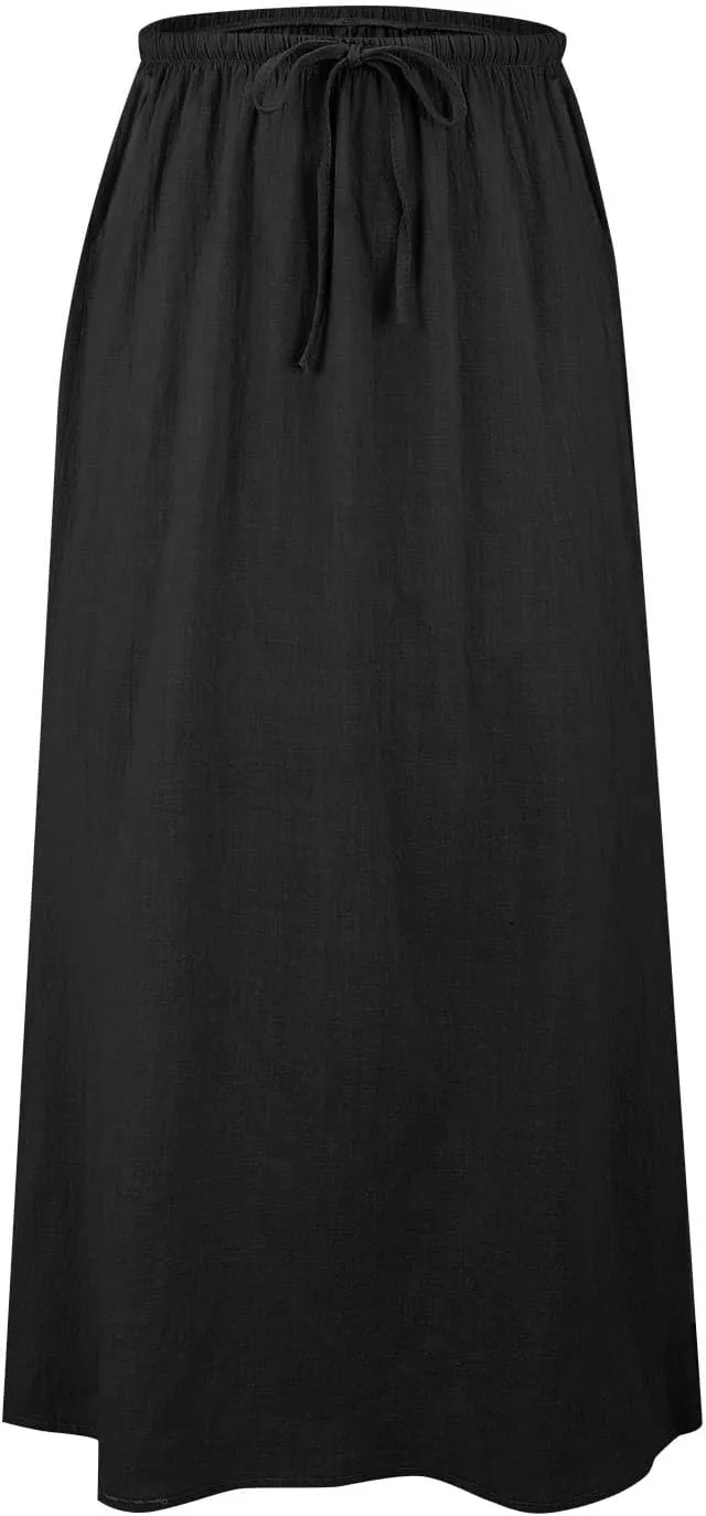 Womens Cotton Linen Maxi Skirt Trendy Boho Spring Summmer A Line Skirts Drawstring Waist Long Flowy Skirts