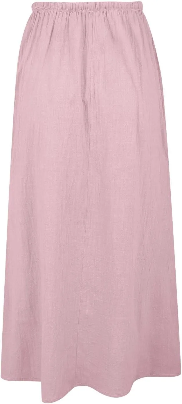 Womens Cotton Linen Maxi Skirt Trendy Boho Spring Summmer A Line Skirts Drawstring Waist Long Flowy Skirts