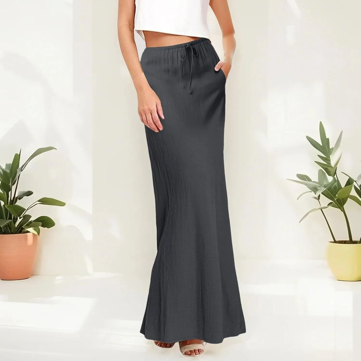 Womens Cotton Linen Maxi Skirt Trendy Boho Spring Summmer A Line Skirts Drawstring Waist Long Flowy Skirts