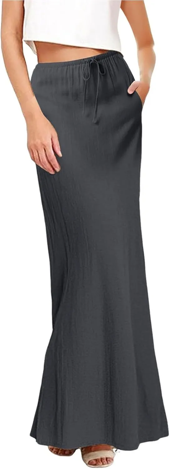 Womens Cotton Linen Maxi Skirt Trendy Boho Spring Summmer A Line Skirts Drawstring Waist Long Flowy Skirts