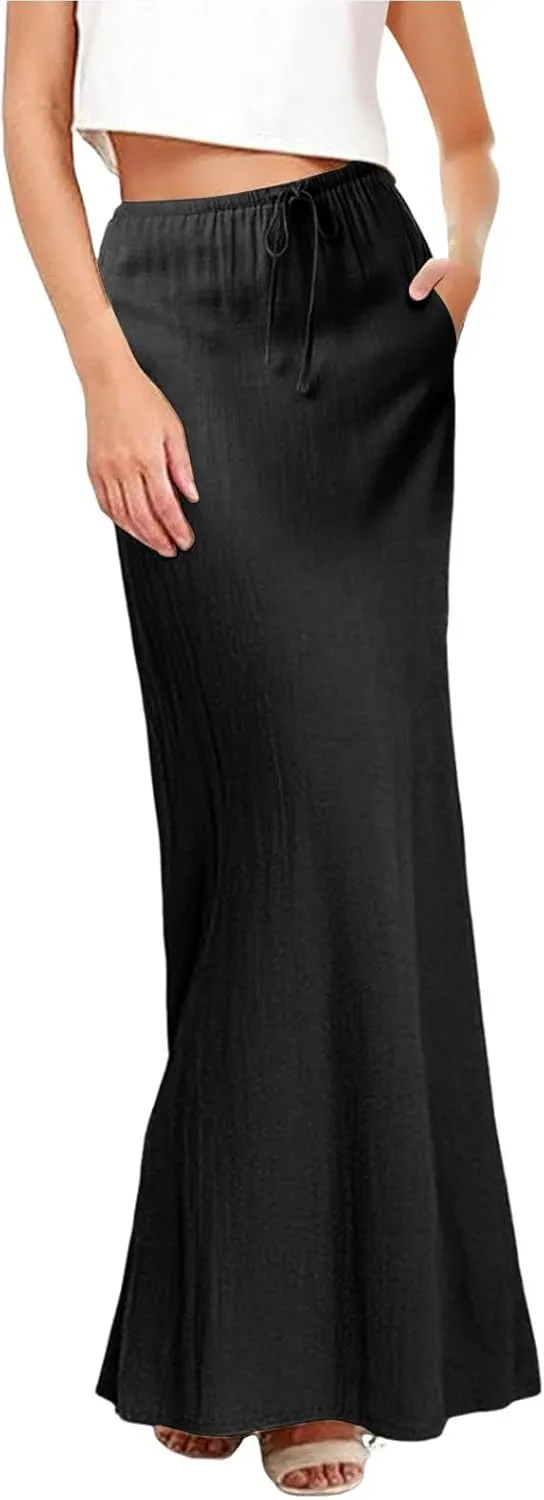 Womens Cotton Linen Maxi Skirt Trendy Boho Spring Summmer A Line Skirts Drawstring Waist Long Flowy Skirts