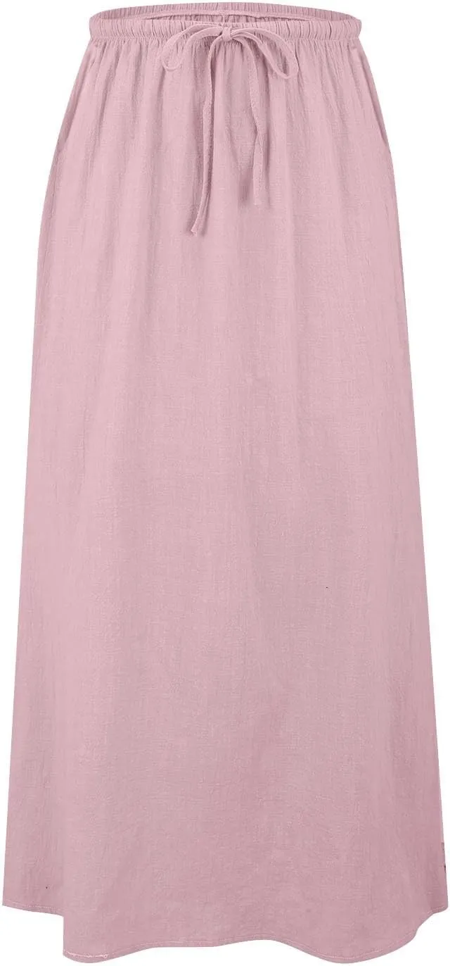 Womens Cotton Linen Maxi Skirt Trendy Boho Spring Summmer A Line Skirts Drawstring Waist Long Flowy Skirts