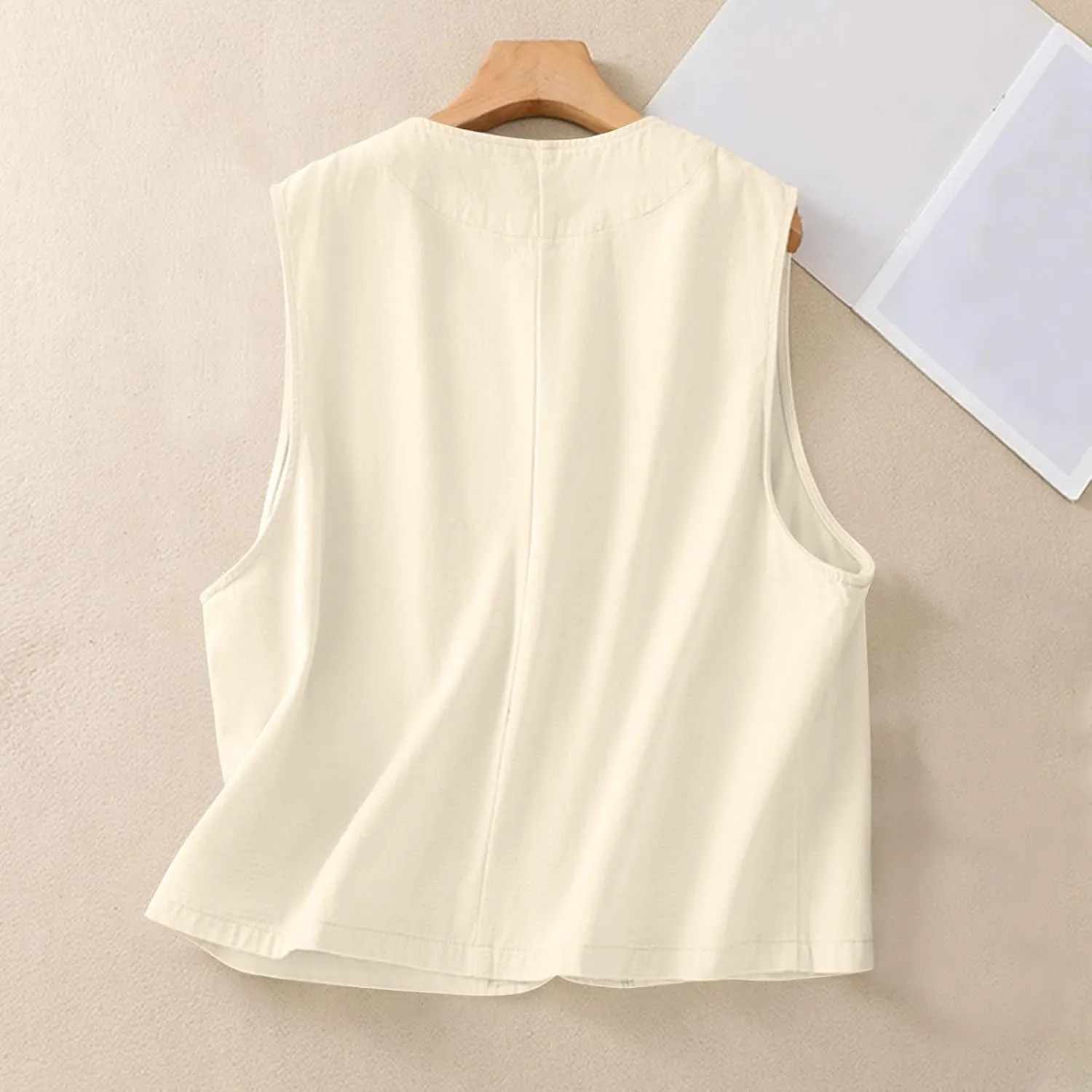Womens Cotton Linen Vest Tops Casual Dressy Button Down Shirts Sleeveless Blazer Tshirts Spring Jackets with Pockets
