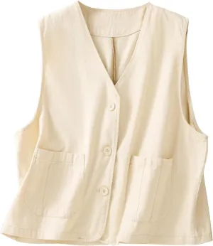 Womens Cotton Linen Vest Tops Casual Dressy Button Down Shirts Sleeveless Blazer Tshirts Spring Jackets with Pockets