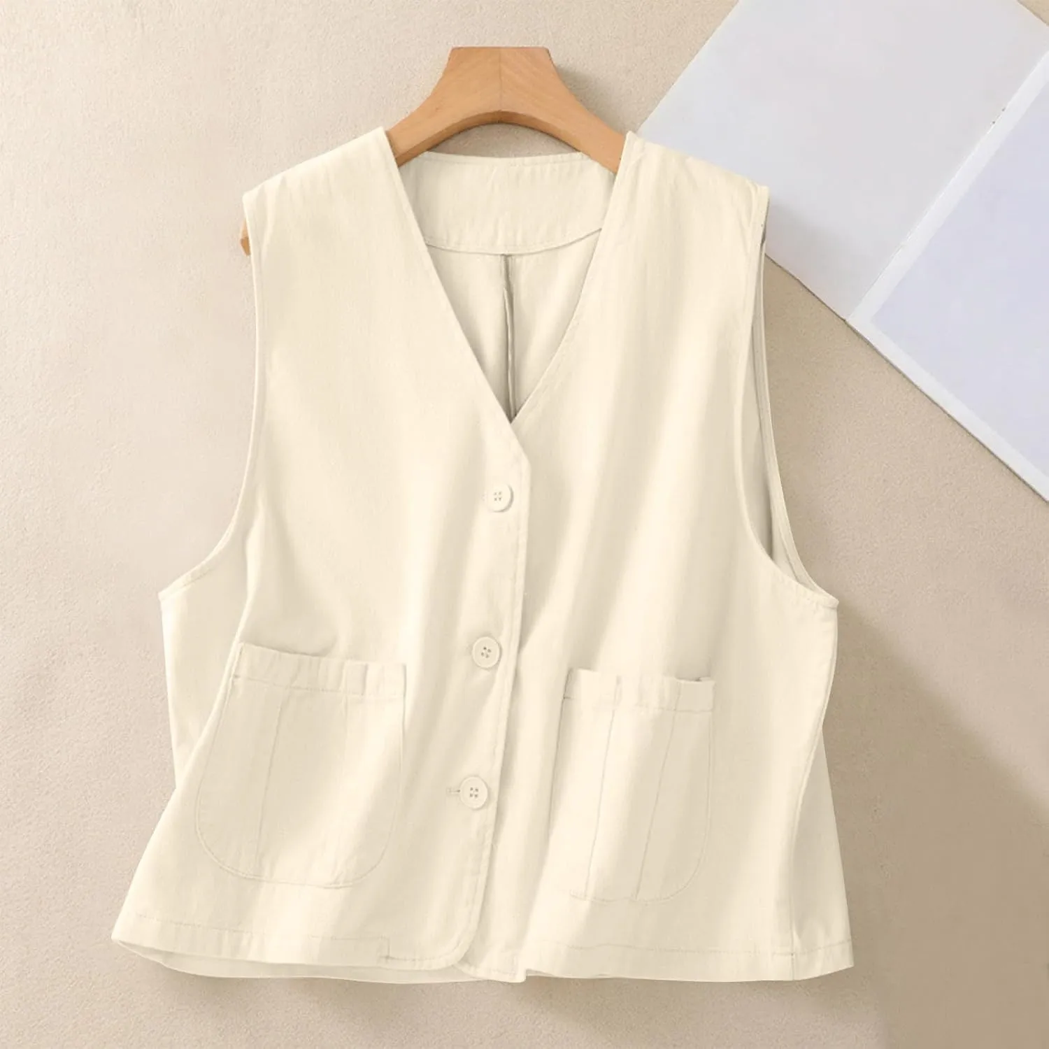 Womens Cotton Linen Vest Tops Casual Dressy Button Down Shirts Sleeveless Blazer Tshirts Spring Jackets with Pockets