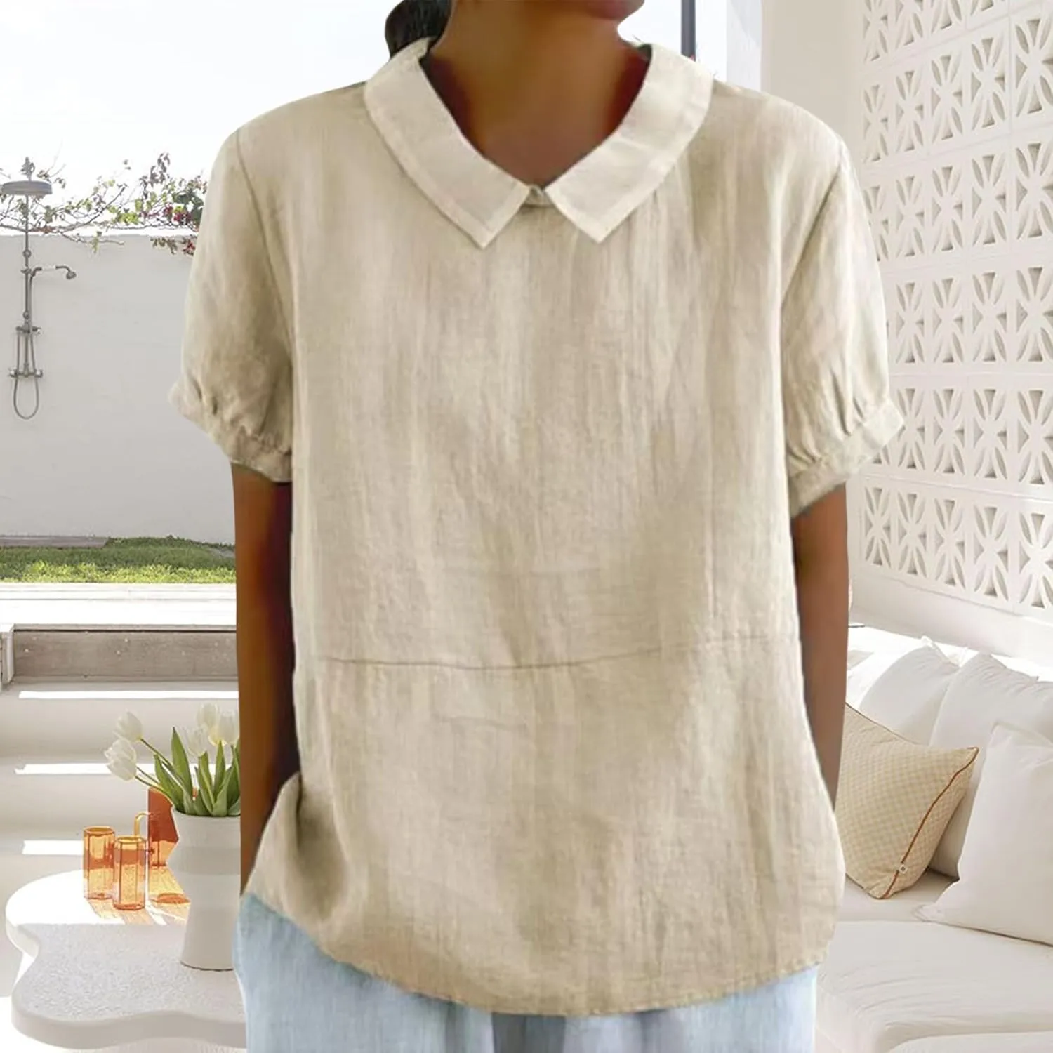 Women's Cotton Shirts Cute Peter Pan Collar Blouse Women Summer Cotton Tops Puff Sleeve Casual Cotton Tunic Tops