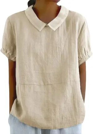 Women's Cotton Shirts Cute Peter Pan Collar Blouse Women Summer Cotton Tops Puff Sleeve Casual Cotton Tunic Tops