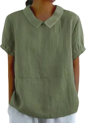 Women's Cotton Shirts Cute Peter Pan Collar Blouse Women Summer Cotton Tops Puff Sleeve Casual Cotton Tunic Tops