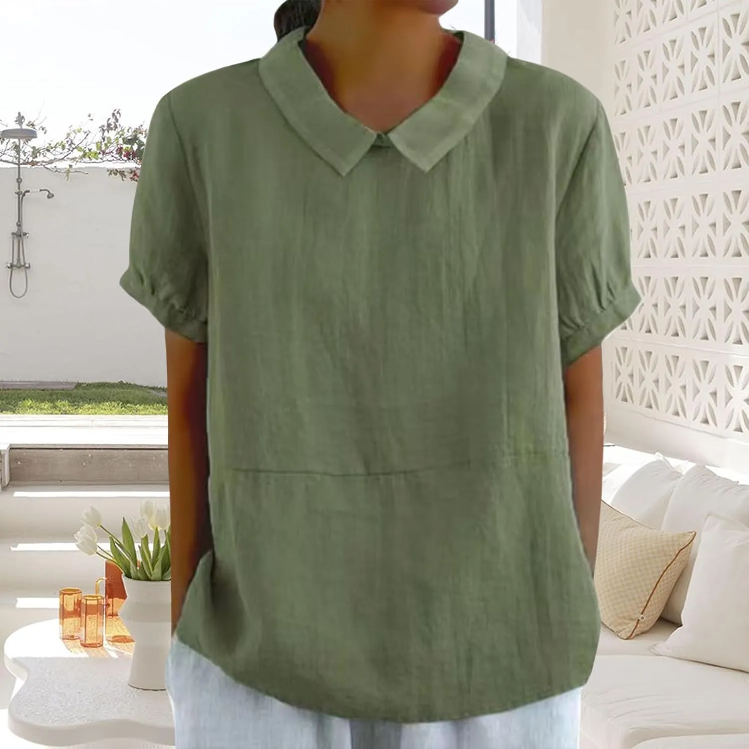 Women's Cotton Shirts Cute Peter Pan Collar Blouse Women Summer Cotton Tops Puff Sleeve Casual Cotton Tunic Tops