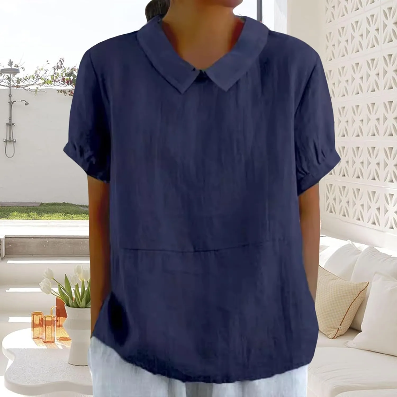 Women's Cotton Shirts Cute Peter Pan Collar Blouse Women Summer Cotton Tops Puff Sleeve Casual Cotton Tunic Tops