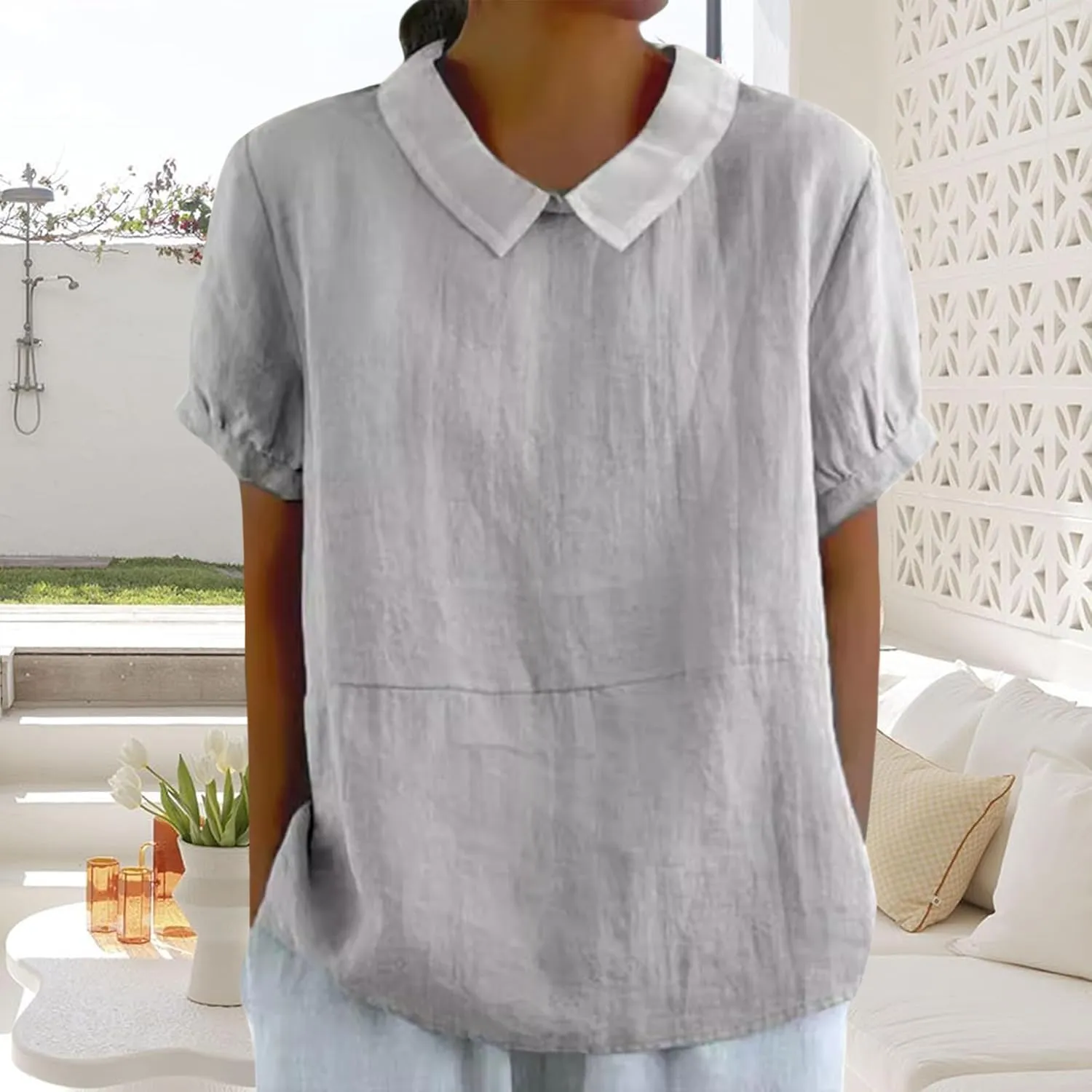 Women's Cotton Shirts Cute Peter Pan Collar Blouse Women Summer Cotton Tops Puff Sleeve Casual Cotton Tunic Tops
