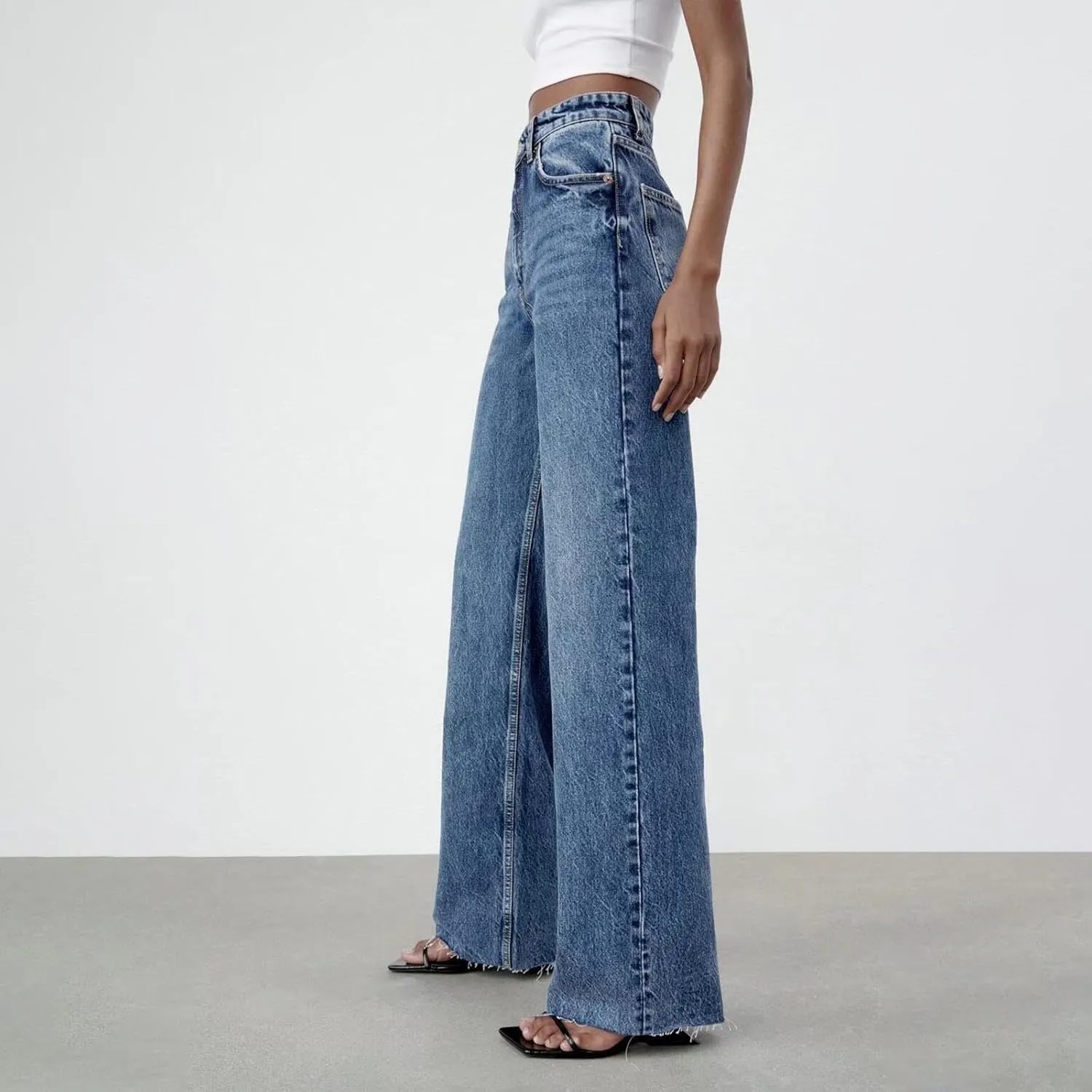 Women's Denim Pants Western Style Stretch High Waisted Straight Jeans Pants Slim Fit Full Length Street Trouser