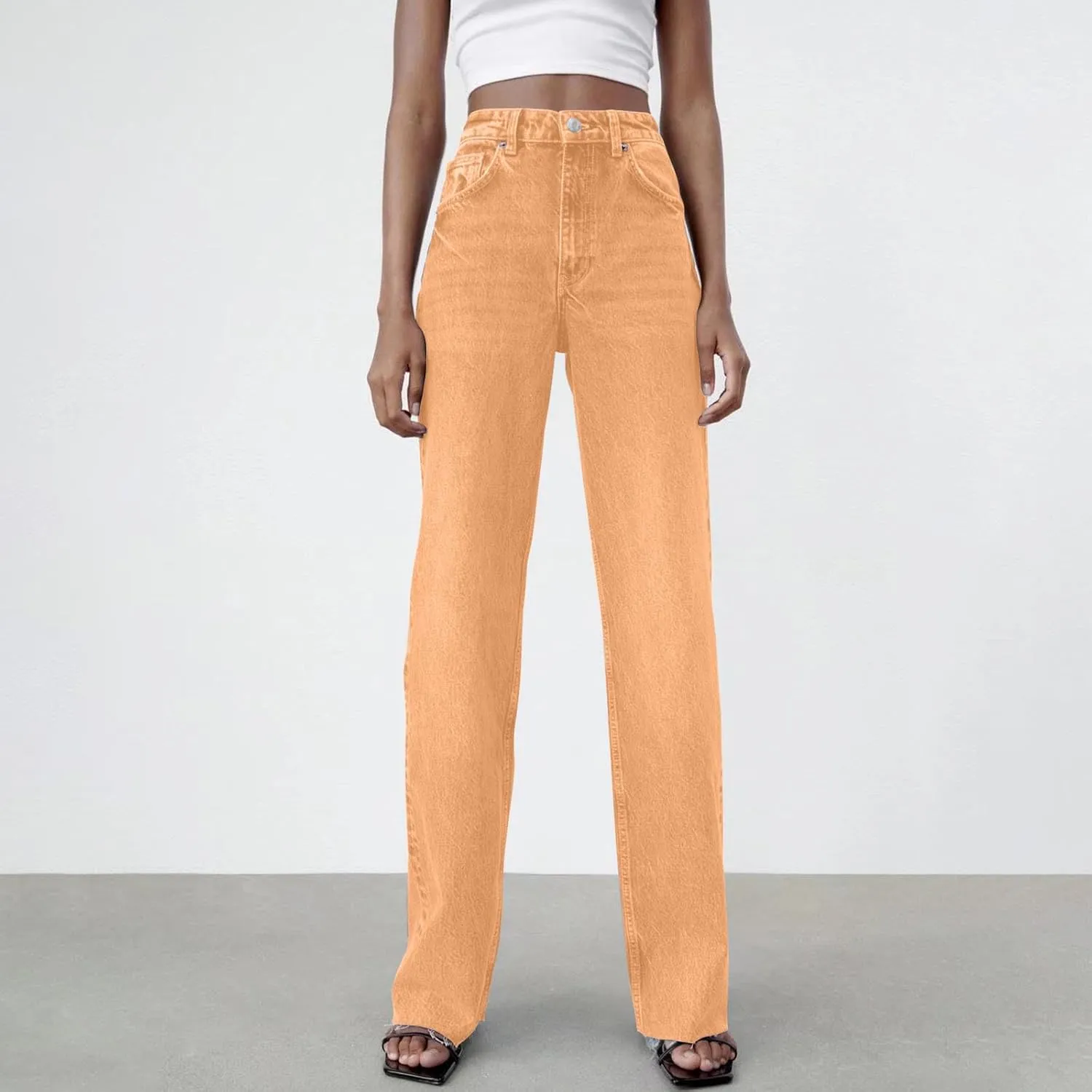 Women's Denim Pants Western Style Stretch High Waisted Straight Jeans Pants Slim Fit Full Length Street Trouser