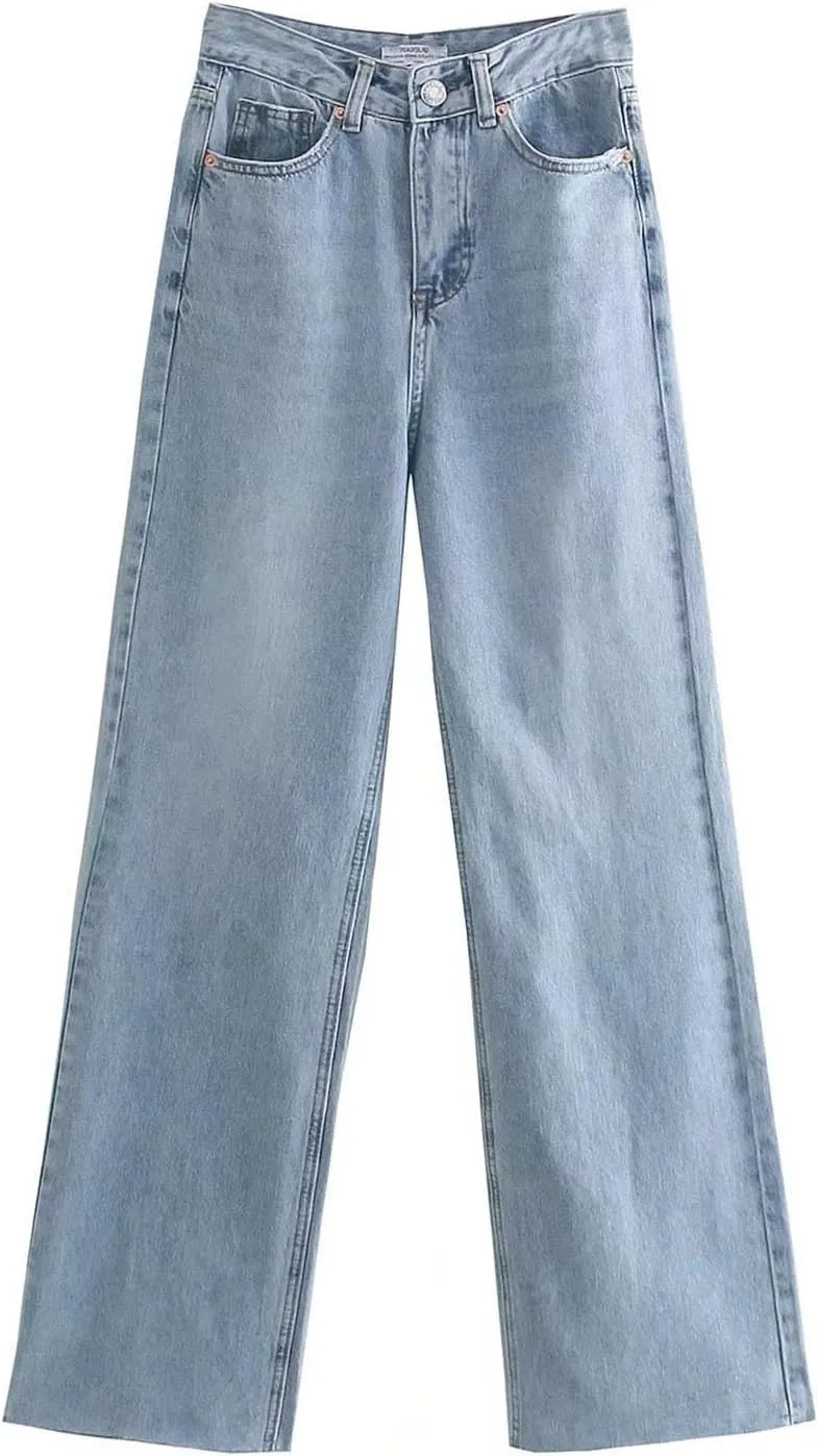 Women's Denim Pants Western Style Stretch High Waisted Straight Jeans Pants Slim Fit Full Length Street Trouser