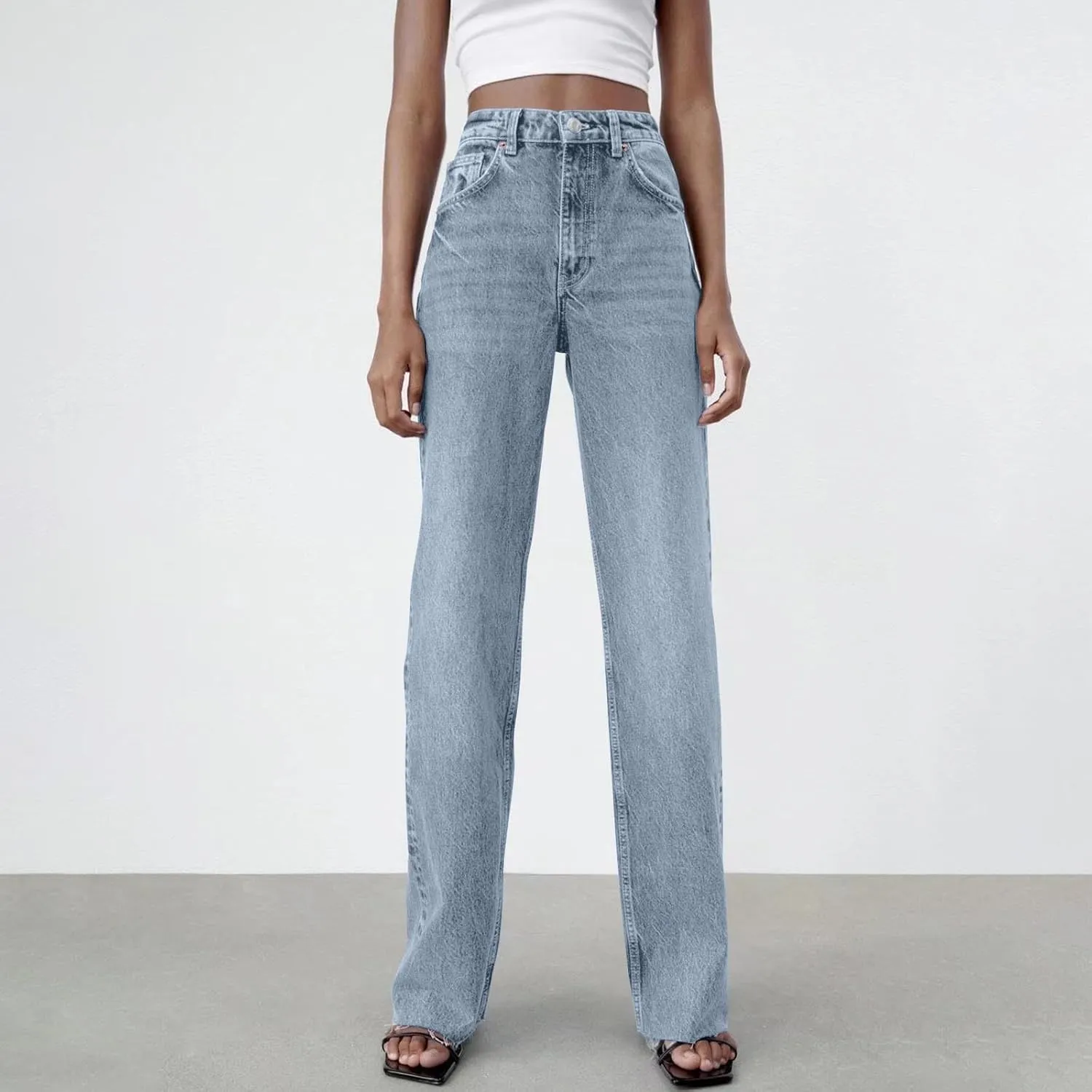 Women's Denim Pants Western Style Stretch High Waisted Straight Jeans Pants Slim Fit Full Length Street Trouser