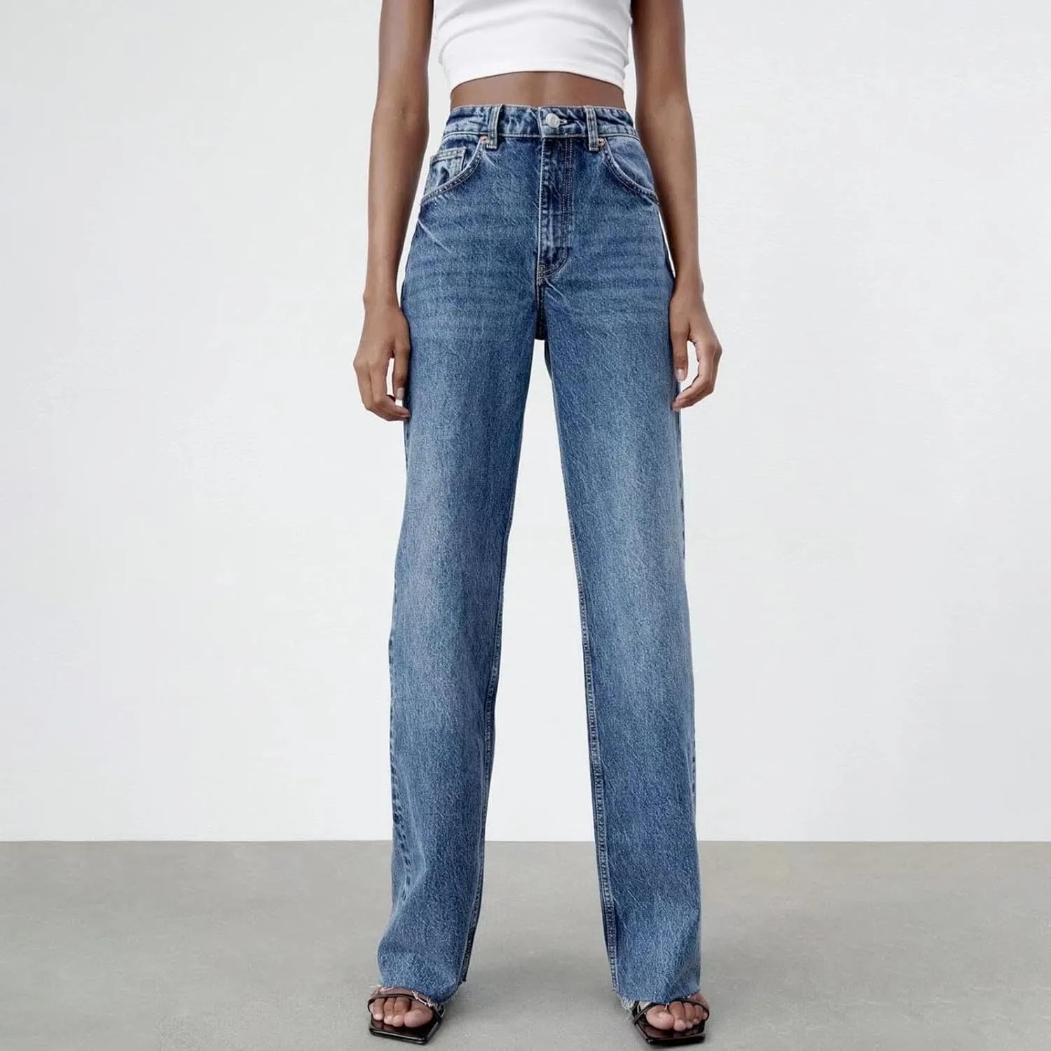 Women's Denim Pants Western Style Stretch High Waisted Straight Jeans Pants Slim Fit Full Length Street Trouser