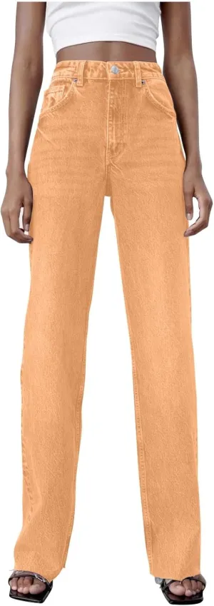 Women's Denim Pants Western Style Stretch High Waisted Straight Jeans Pants Slim Fit Full Length Street Trouser